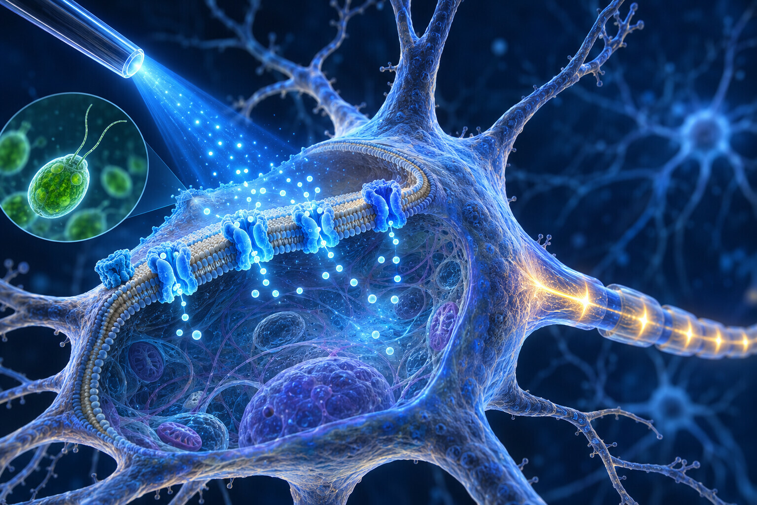 Illustration du principe de l’optogénétique : une impulsion lumineuse ouvre des protéines photosensibles dans un neurone