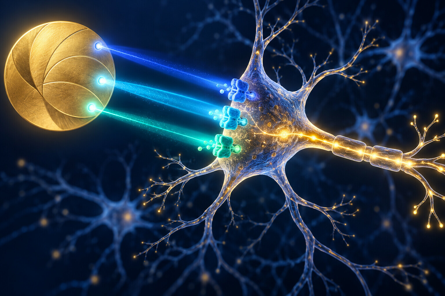 Illustration de faisceaux lumineux activant des canaux dans la membrane d’un neurone