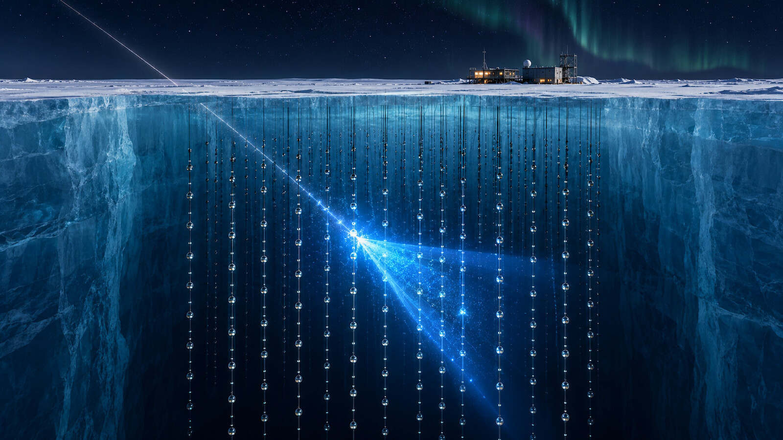 Coupe éditoriale d’IceCube montrant ses lignes de capteurs sous la glace du pôle Sud et un éclair bleu de rayonnement Tcherenkov