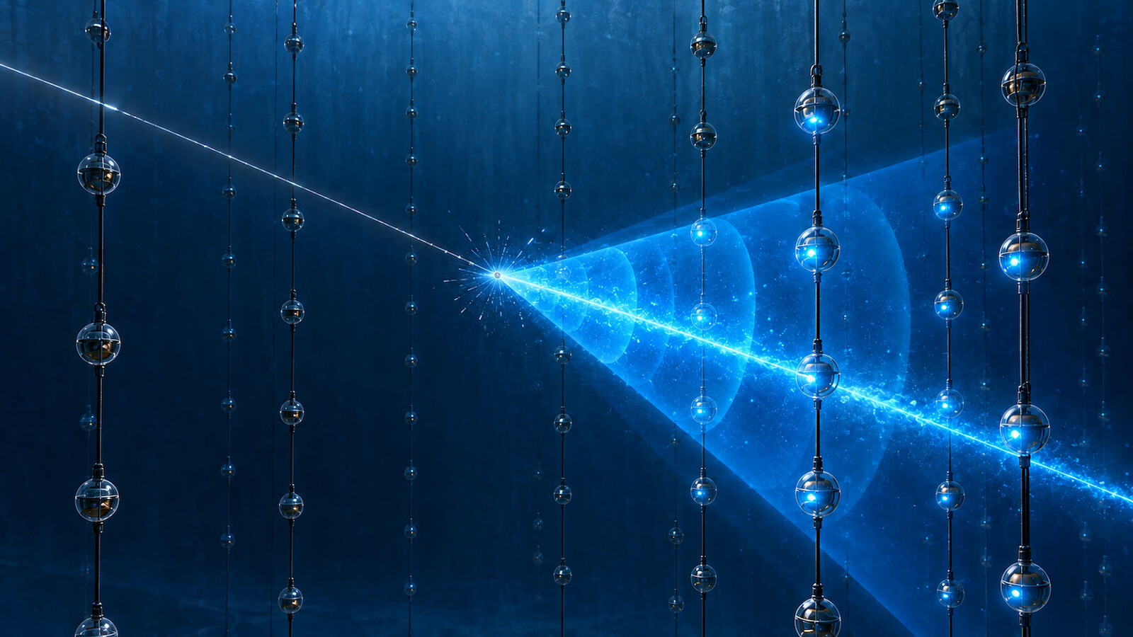 Schéma d’un neutrino interagissant dans la glace et produisant un cône de rayonnement Tcherenkov détecté par IceCube