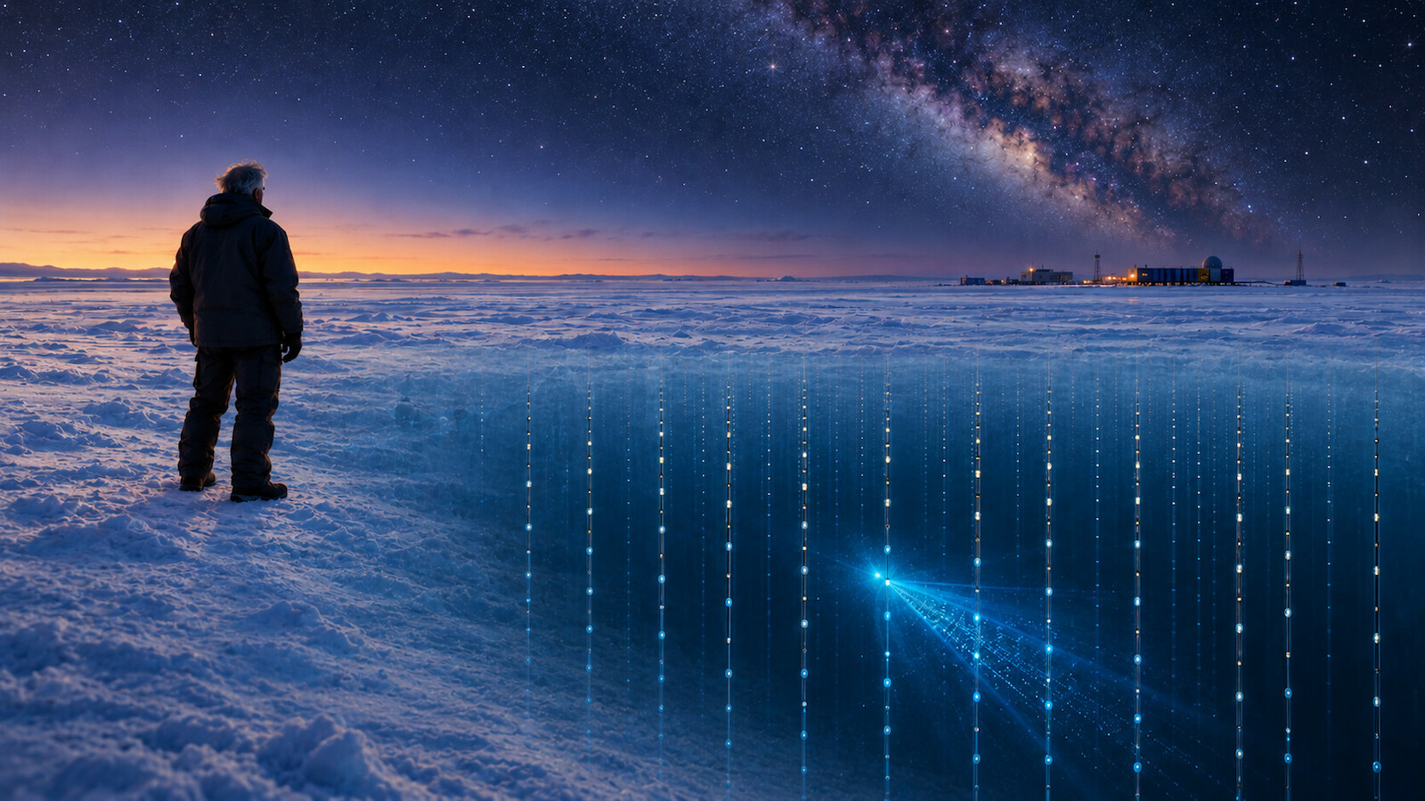 Illustration d’un physicien observant le ciel polaire au-dessus du réseau de capteurs IceCube pris dans la glace