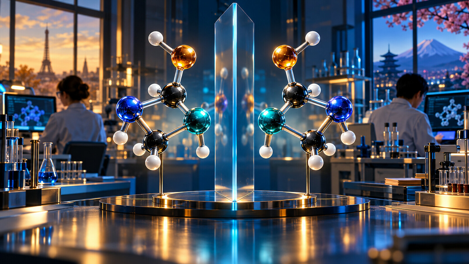 Deux molécules chirales en miroir dans un laboratoire franco-japonais