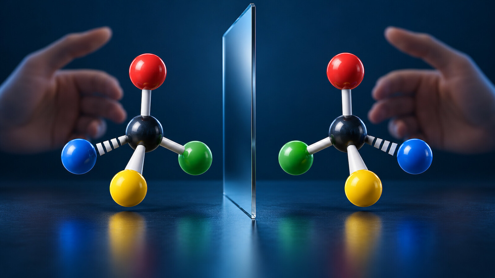 Deux molécules chirales non superposables séparées par un miroir