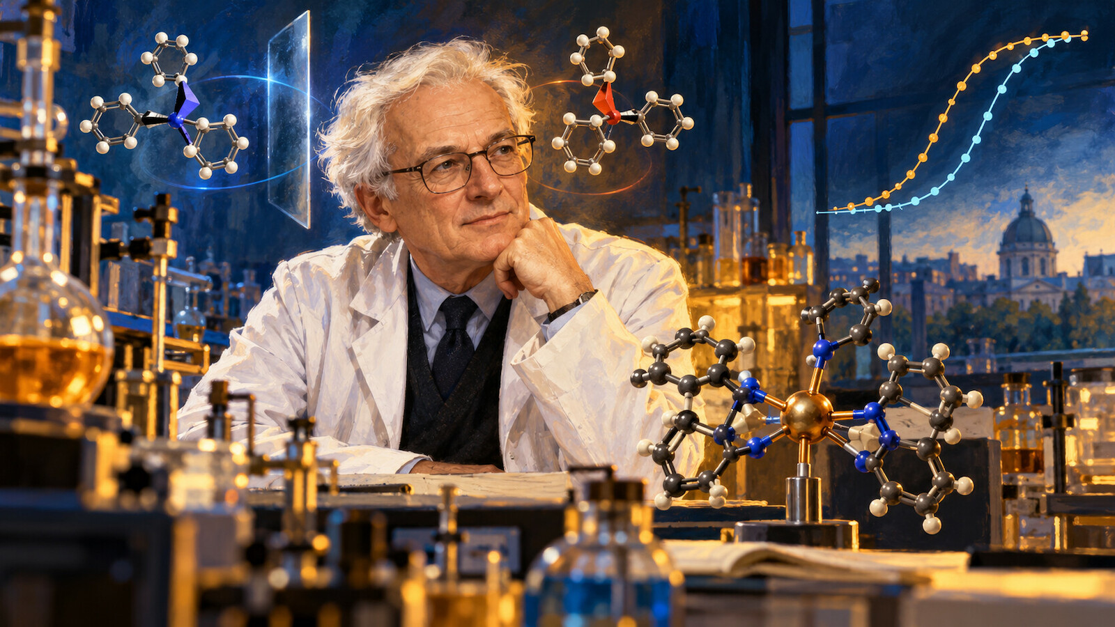Illustration éditoriale d’Henri Kagan au laboratoire avec un effet non linéaire