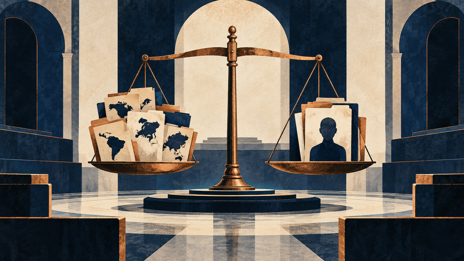 Balance de justice illustrée avec des dossiers représentant des États d’un côté et des personnes de l’autre