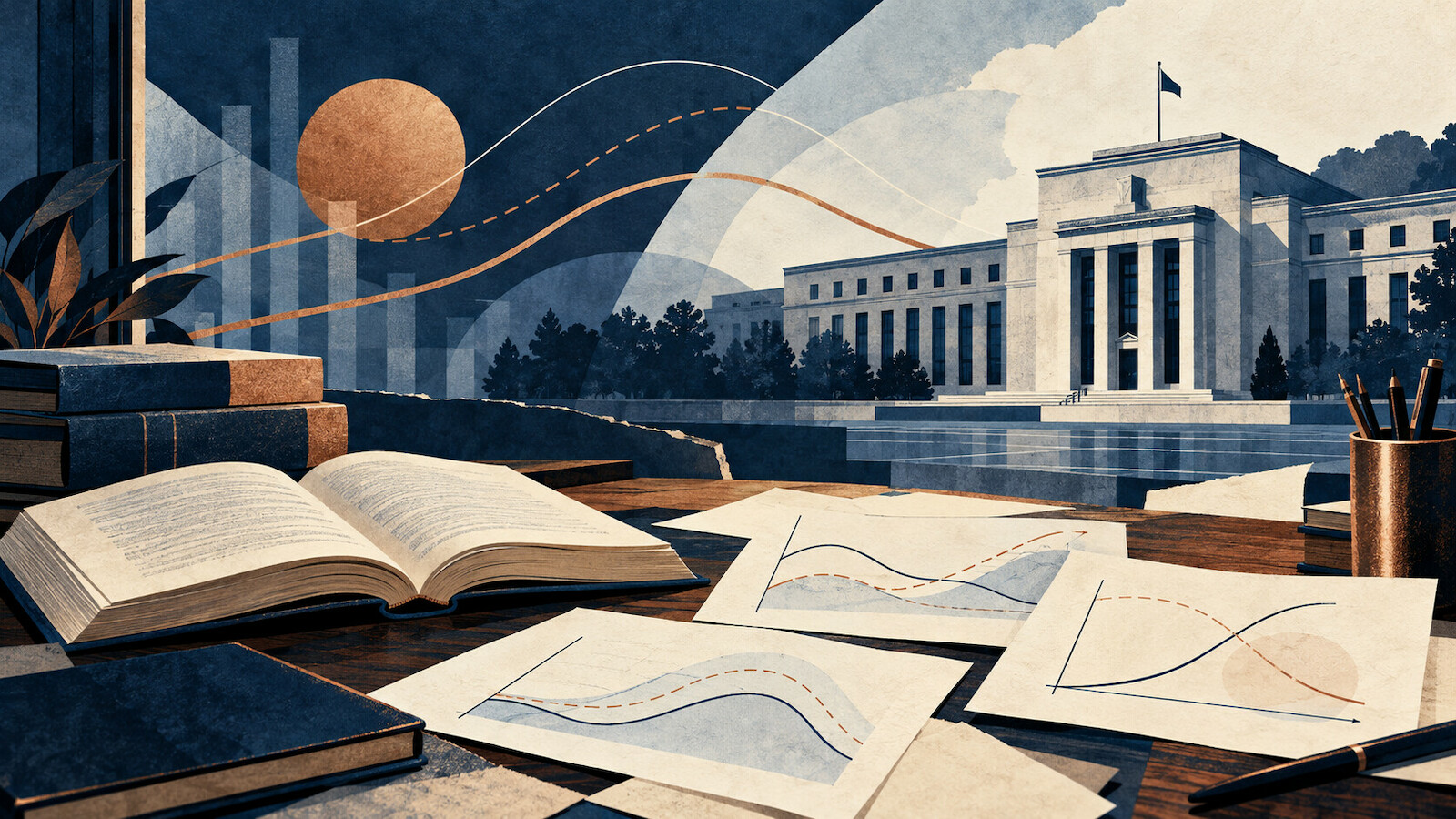 Illustration d’un bureau de recherche économique avec livres, courbes abstraites et bâtiment de banque centrale